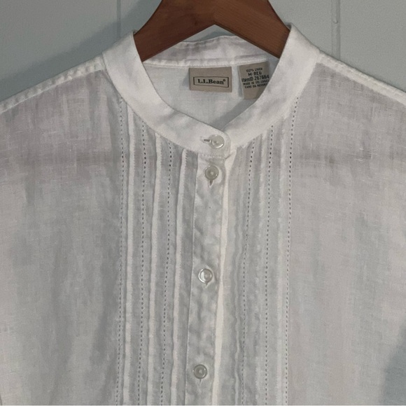 L.L.Bean White Linen Tuxedo Bib Band Collar Button Up Contemporary Prairie Top M - Picture 4 of 16